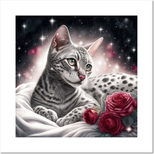 White Bengal Cat With Roses Posters and Art